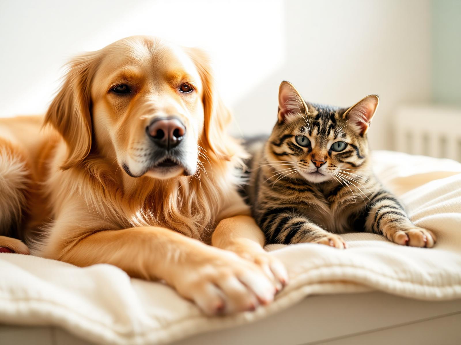 A relaxed golden retriever and a tabby cat resting side by side